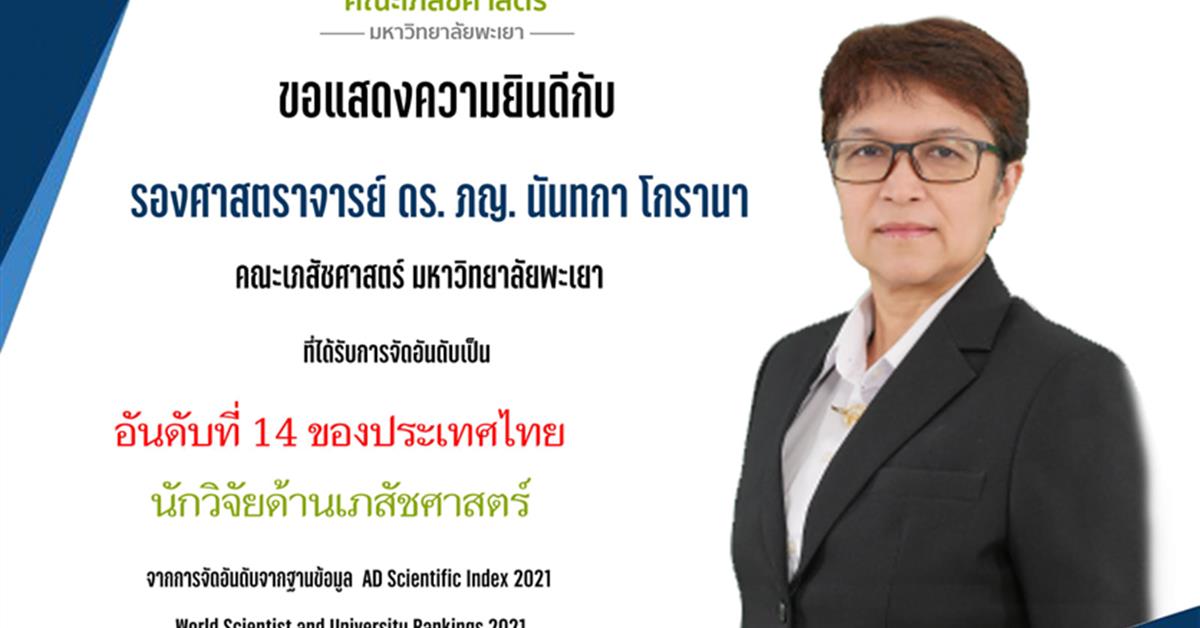  รศ. ดร. ภญ. นันทกา โกรานา อาจารย์ประจำสาขาวิชาบริบาลเภสัชกรรมที่ได้รับการจัดอันดับนักวิจัย AD Scientific Index 2021