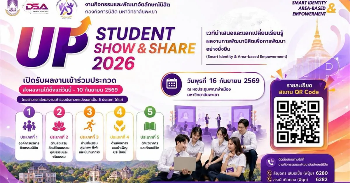 มหาวิทยาลัยพะเยา ขอเชิญชวนร่วมงาน “UP Student Show & Share 2026” เวทีนำเสนอและแลกเปลี่ยนเรียนรู้ผลงานการพัฒนานิสิต สู่การพัฒนาอย่างยั่งยืน