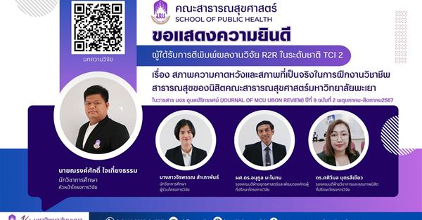 คณะสาธารณสุขศาสตร์ มหาวิทยาลัยพะเยา ขอแสดงความยินดี กับบุคลากรที่ได้รับการตีพิมพ์ผลงานวิจัย R2R ในระดับชาติ